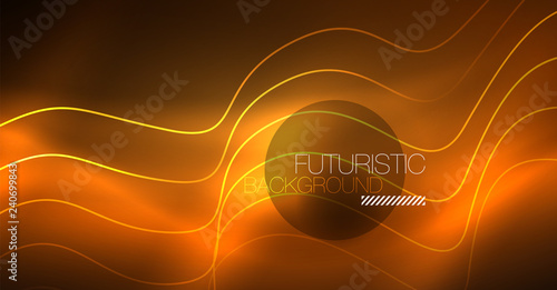 Abstract shiny glowinng color wave design element on dark background - science or technology concept