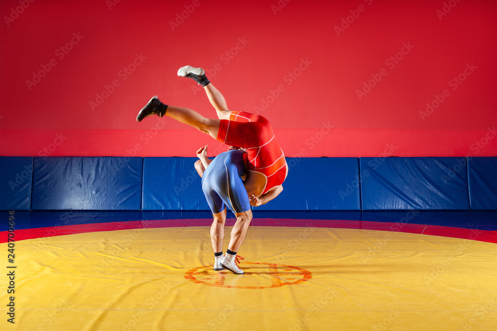 The concept of fair wrestling. Two young men in blue and red wrestling