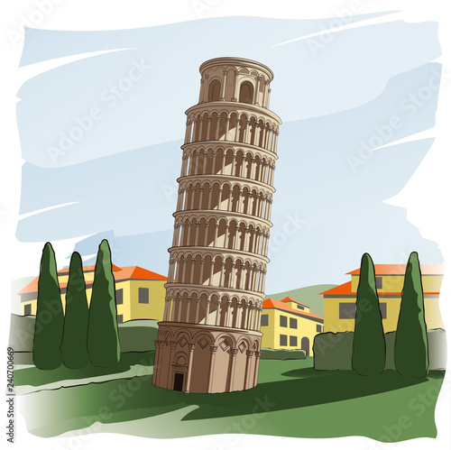 Leaning Tower of Pisa.
Landscape. Architectural building, historical monument. Vector illustration. Imitation of watercolor painting.
