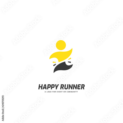 Happy runner logo people running reaching finish line silhouette flat fun premium playful look for event or community