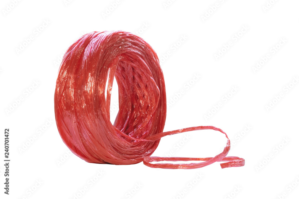 Row of red plastic rope for binding various items isolated on white background. Row of red plastic rope for binding various items isolated on white background.
