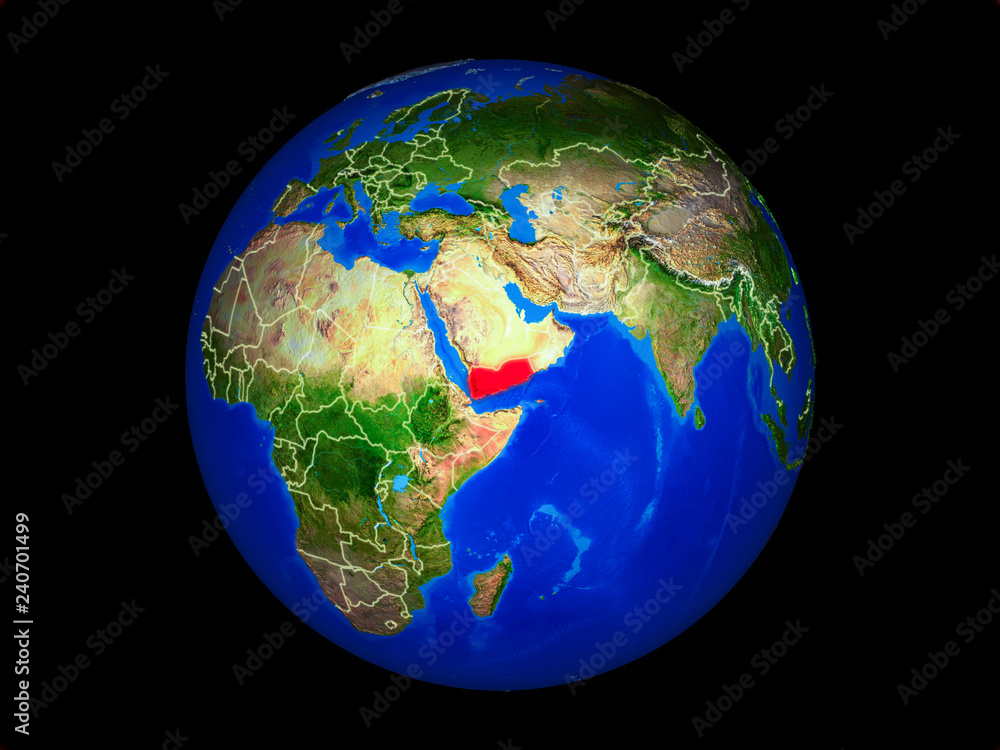Yemen on planet planet Earth with country borders. Extremely detailed planet surface.