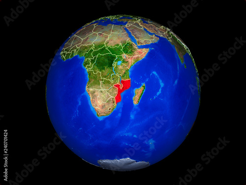 Mozambique on planet planet Earth with country borders. Extremely detailed planet surface.