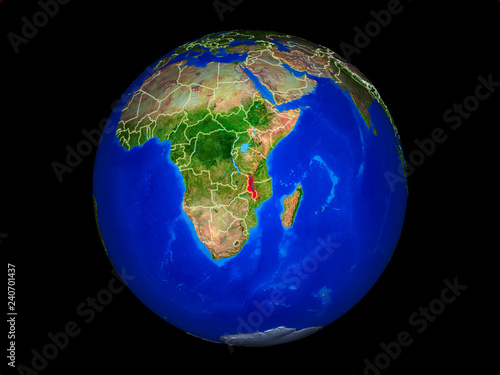 Malawi on planet planet Earth with country borders. Extremely detailed planet surface.