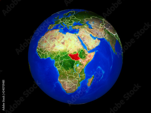 South Sudan on planet planet Earth with country borders. Extremely detailed planet surface.
