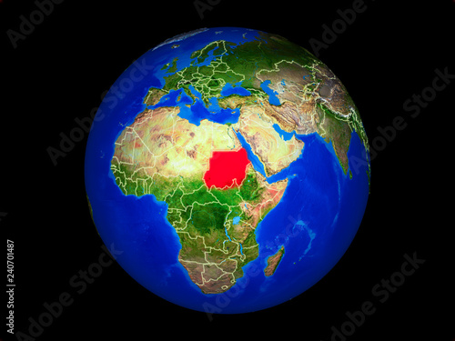 Sudan on planet planet Earth with country borders. Extremely detailed planet surface.