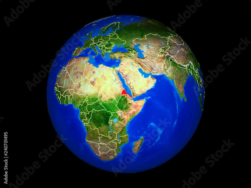 Eritrea on planet planet Earth with country borders. Extremely detailed planet surface.