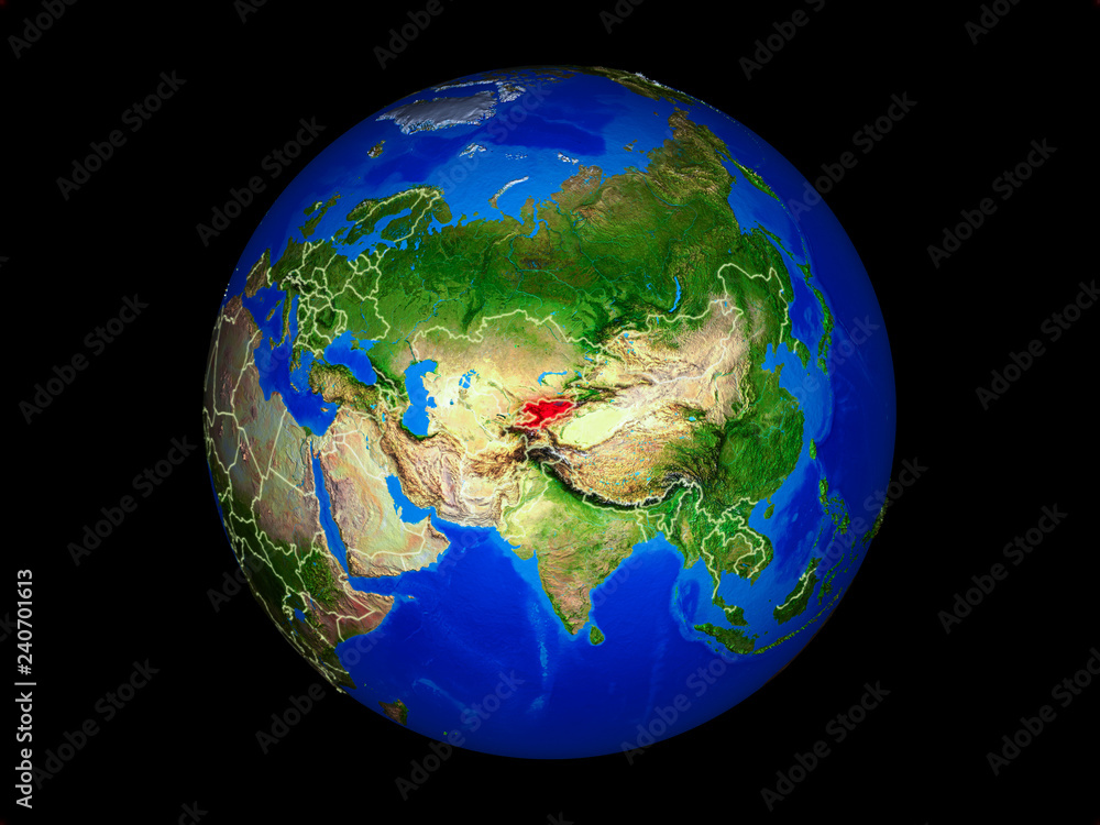 Kyrgyzstan on planet planet Earth with country borders. Extremely detailed planet surface.