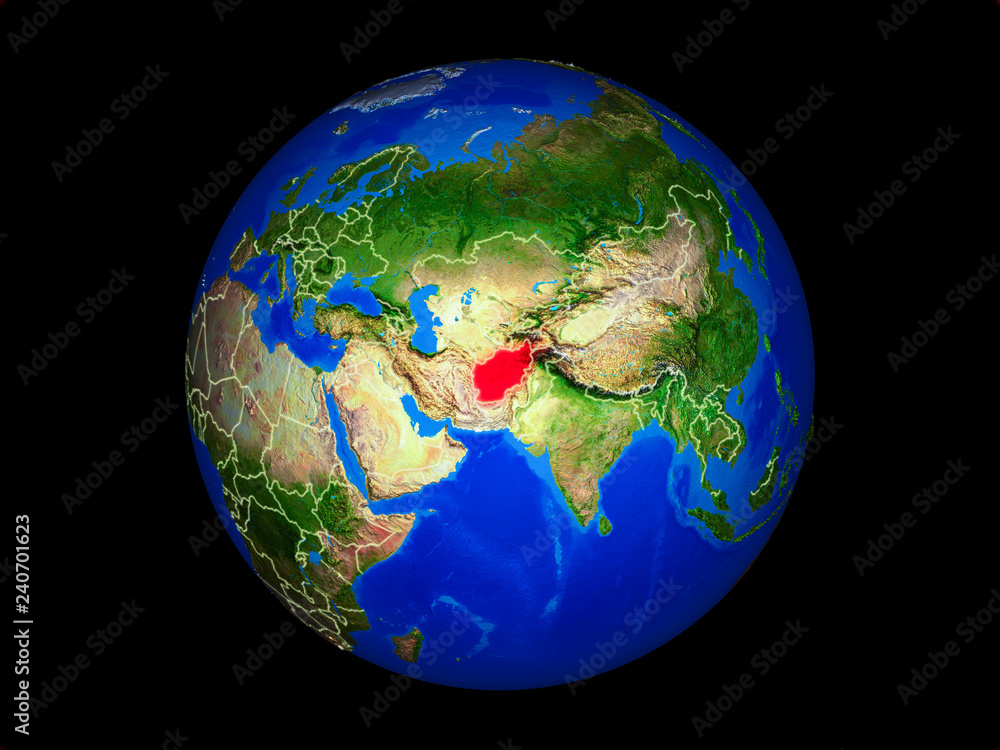 Afghanistan on planet planet Earth with country borders. Extremely detailed planet surface.