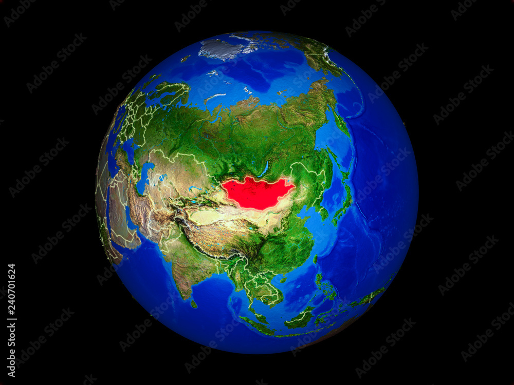 Mongolia on planet planet Earth with country borders. Extremely detailed planet surface.