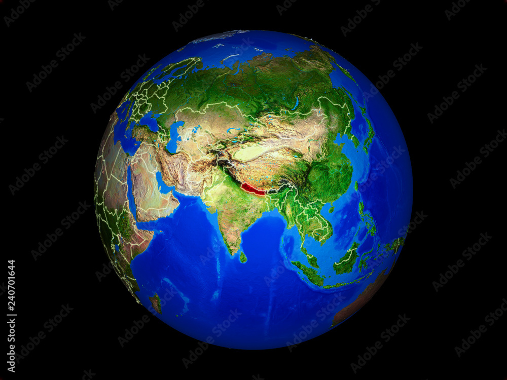 Nepal on planet planet Earth with country borders. Extremely detailed planet surface.