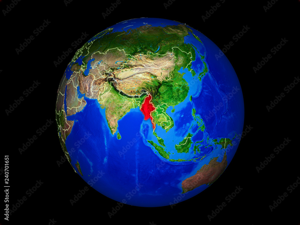 Fototapeta premium Myanmar on planet planet Earth with country borders. Extremely detailed planet surface.