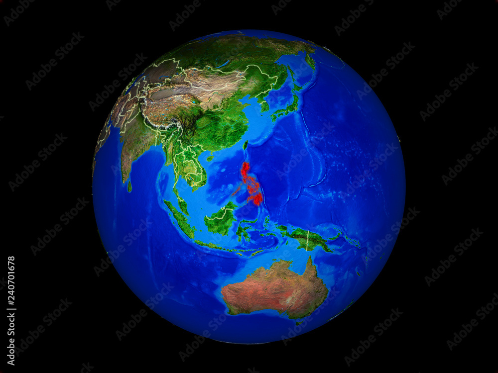 Philippines on planet planet Earth with country borders. Extremely detailed planet surface.