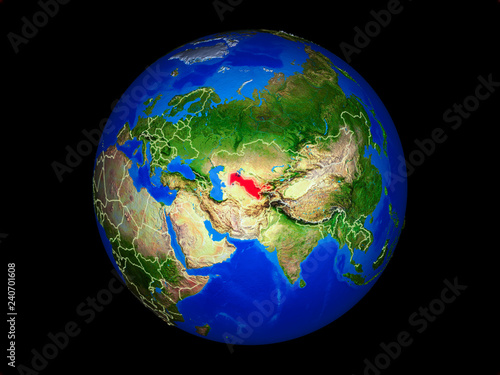 Uzbekistan on planet planet Earth with country borders. Extremely detailed planet surface.