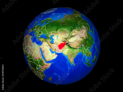 Afghanistan on planet planet Earth with country borders. Extremely detailed planet surface.