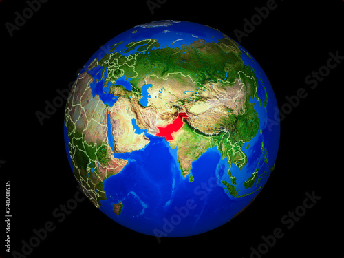 Pakistan on planet planet Earth with country borders. Extremely detailed planet surface.