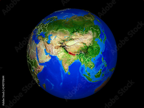 Nepal on planet planet Earth with country borders. Extremely detailed planet surface.