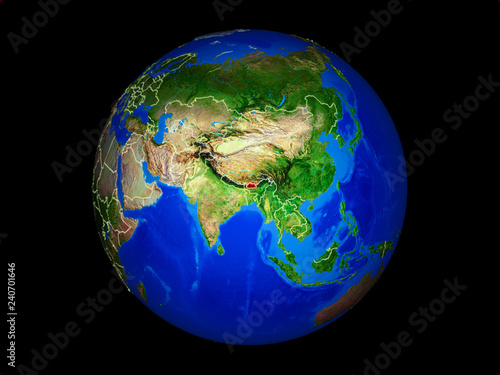 Bhutan on planet planet Earth with country borders. Extremely detailed planet surface.