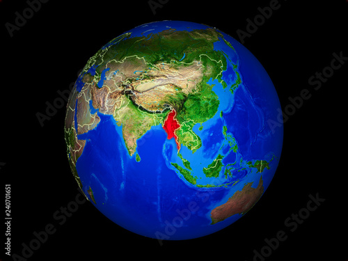 Myanmar on planet planet Earth with country borders. Extremely detailed planet surface.