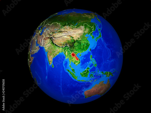 Laos on planet planet Earth with country borders. Extremely detailed planet surface.