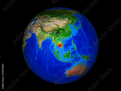 Cambodia on planet planet Earth with country borders. Extremely detailed planet surface.