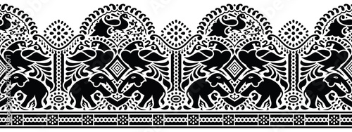 Seamless black and white traditional indian border with peacock and elephant