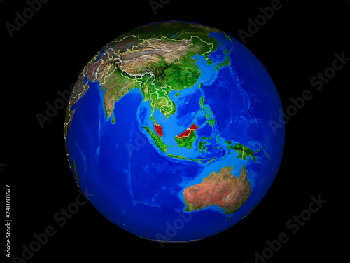 Malaysia on planet planet Earth with country borders. Extremely detailed planet surface.