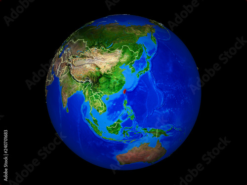 Taiwan on planet planet Earth with country borders. Extremely detailed planet surface.