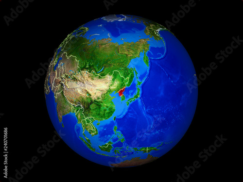 North Korea on planet planet Earth with country borders. Extremely detailed planet surface.