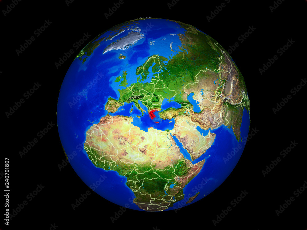 Greece on planet planet Earth with country borders. Extremely detailed planet surface.