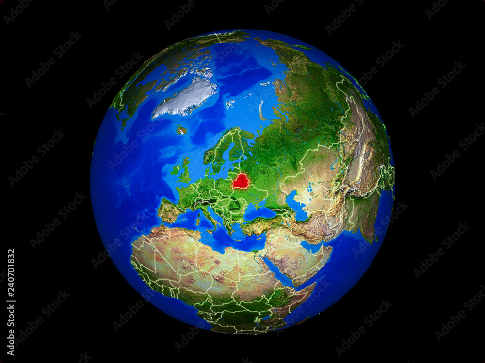 Belarus on planet planet Earth with country borders. Extremely detailed planet surface.