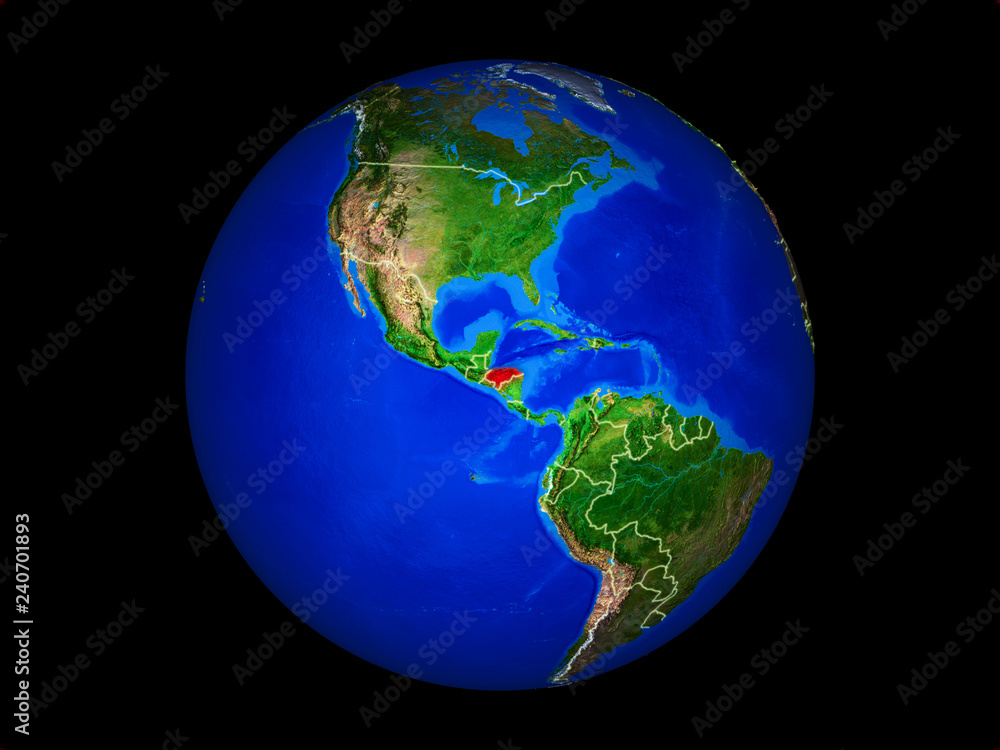 Honduras on planet planet Earth with country borders. Extremely detailed planet surface.