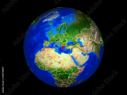 Greece on planet planet Earth with country borders. Extremely detailed planet surface.