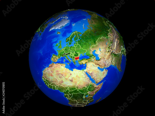 Bulgaria on planet planet Earth with country borders. Extremely detailed planet surface.
