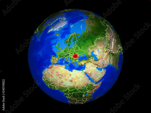Romania on planet planet Earth with country borders. Extremely detailed planet surface.