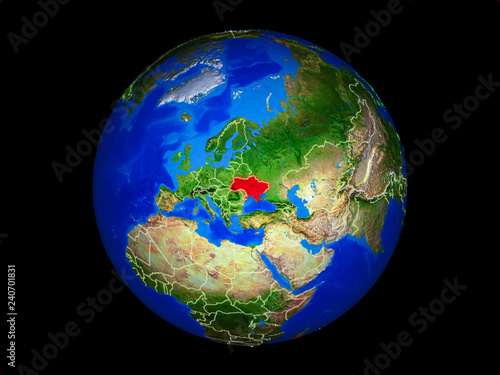 Ukraine on planet planet Earth with country borders. Extremely detailed planet surface.