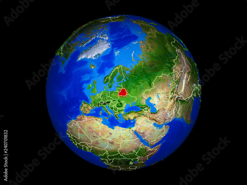 Belarus on planet planet Earth with country borders. Extremely detailed planet surface.