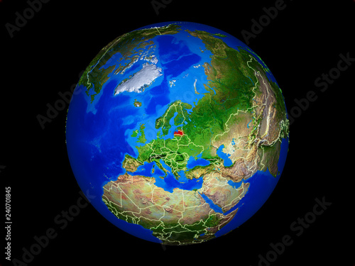 Latvia on planet planet Earth with country borders. Extremely detailed planet surface.