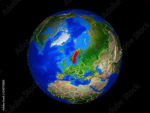 Sweden on planet planet Earth with country borders. Extremely detailed planet surface.