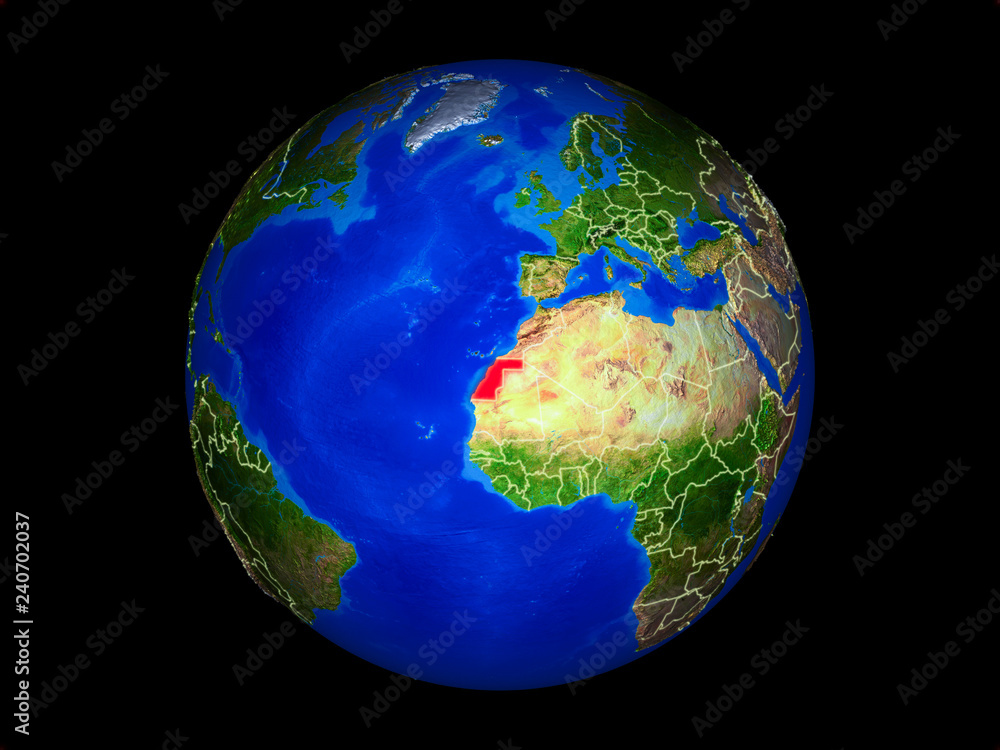 Western Sahara on planet planet Earth with country borders. Extremely detailed planet surface.