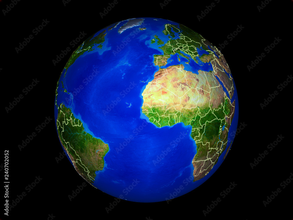 Gambia on planet planet Earth with country borders. Extremely detailed planet surface.