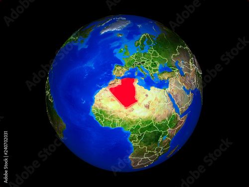 Algeria on planet planet Earth with country borders. Extremely detailed planet surface.