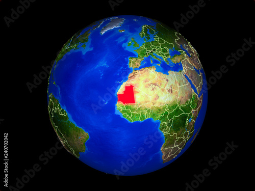 Mauritania on planet planet Earth with country borders. Extremely detailed planet surface.