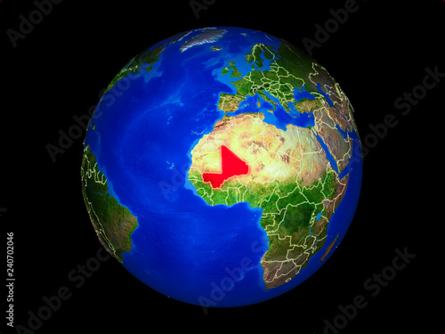 Mali on planet planet Earth with country borders. Extremely detailed planet surface.