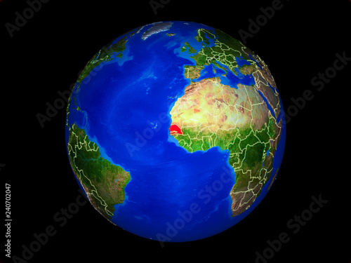 Senegal on planet planet Earth with country borders. Extremely detailed planet surface.