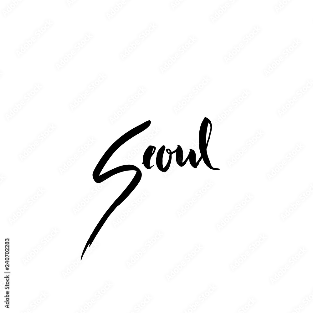 Seoul, Korea. Typography dry brush lettering design. Hand drawn calligraphy poster. Vector illustration. Seoul, Korea. Typography dry brush lettering design. Hand drawn calligraphy poster. Vector illustration.