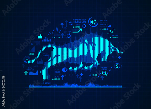 concept of bullishness in stock market exchange, shape of bull combined with candlesticks and business finance icons