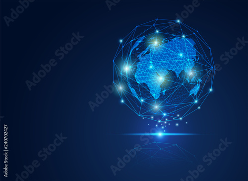 concept of communication world, graphic of wireframe globe with light wire