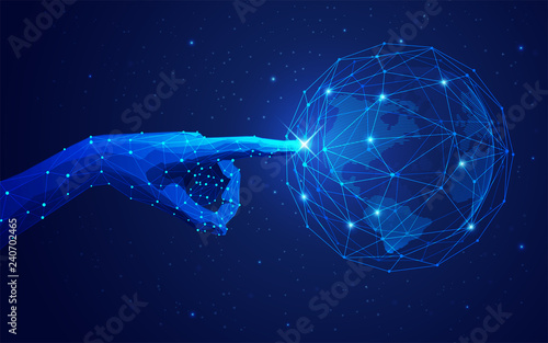 concept of global network or communication technology, futuristic hand pointing on wireframe globe