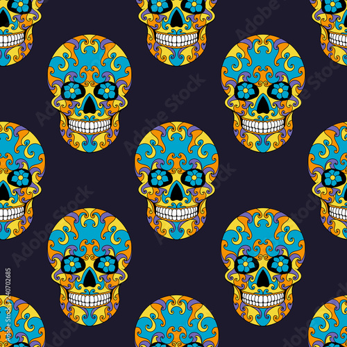 Day of The Dead Skull with floral ornament. Seamless pattern. Mexican sugar skull. Vector illustration